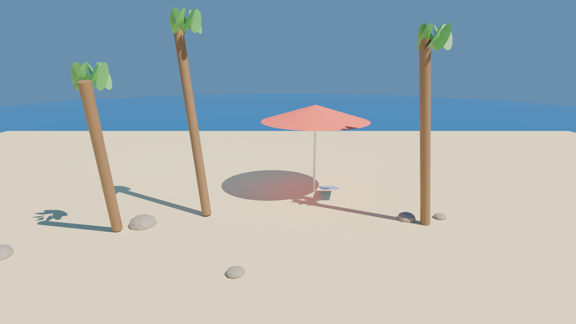 Tropischer Strand — 3D-Szene mit Palmen und Sonnenschirm