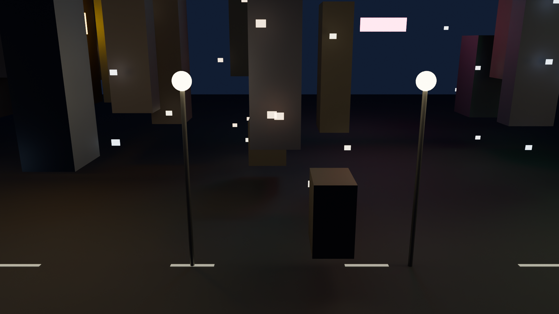 Nachtstadt — 3D-Szene mit leuchtenden Gebaeuden