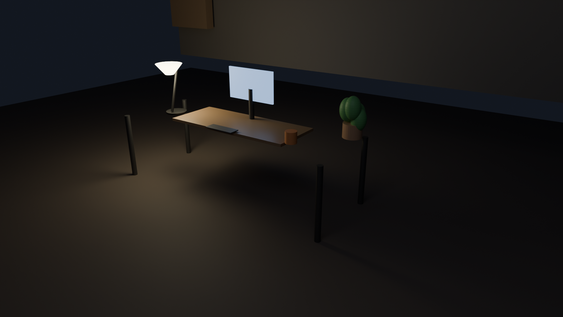 Arbeitsplatz — Schreibtisch mit warmem Lampenlicht